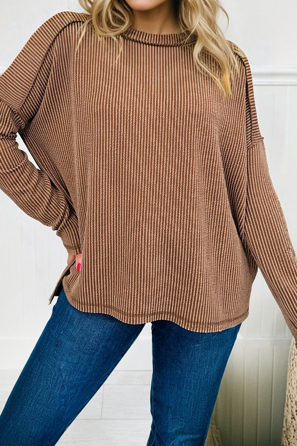 Dark Khaki Twist Ribbed Exposed Seam Detail Long Sleeve Loose Top - loveforevers