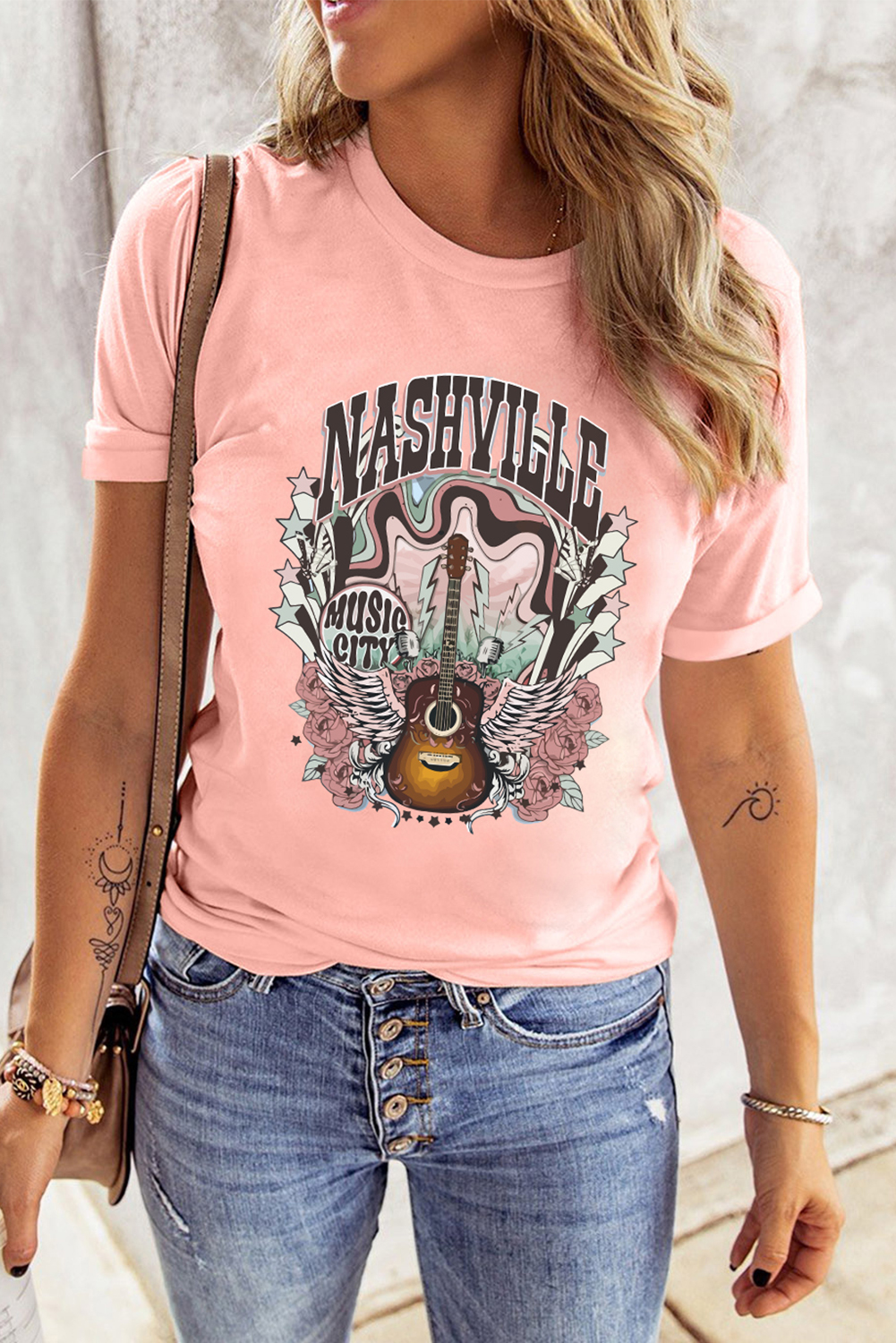 Pink NASHVILLE MUSIC CITY Guitar Graphic T Shirt - loveforevers