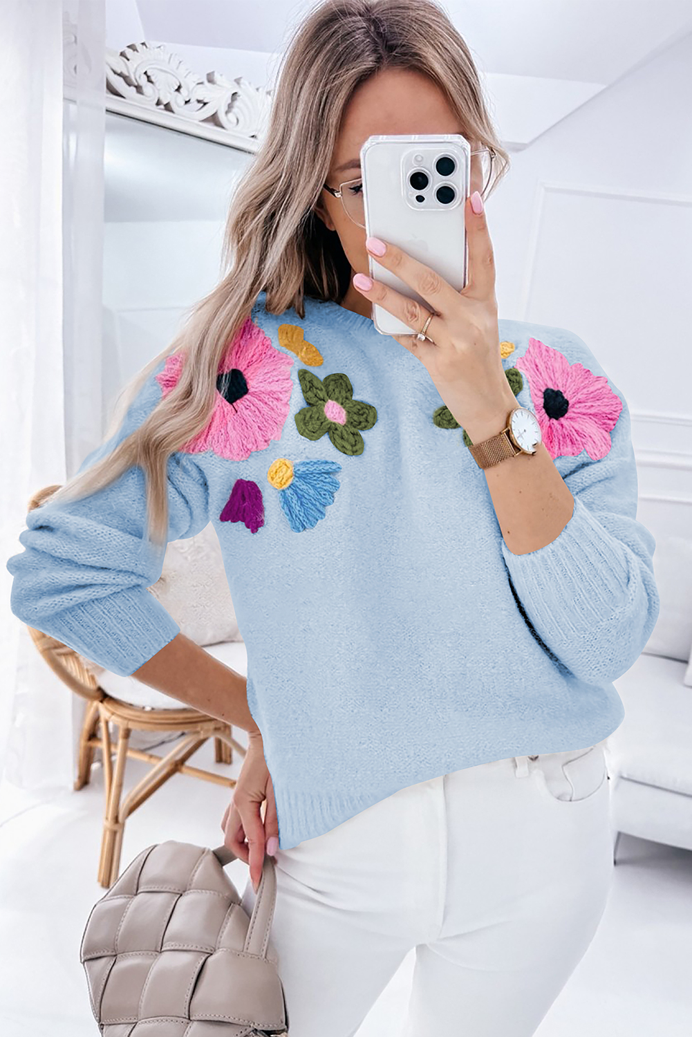 Pink Knitted Flower Pattern Ribbed Edge Sweater - loveforevers