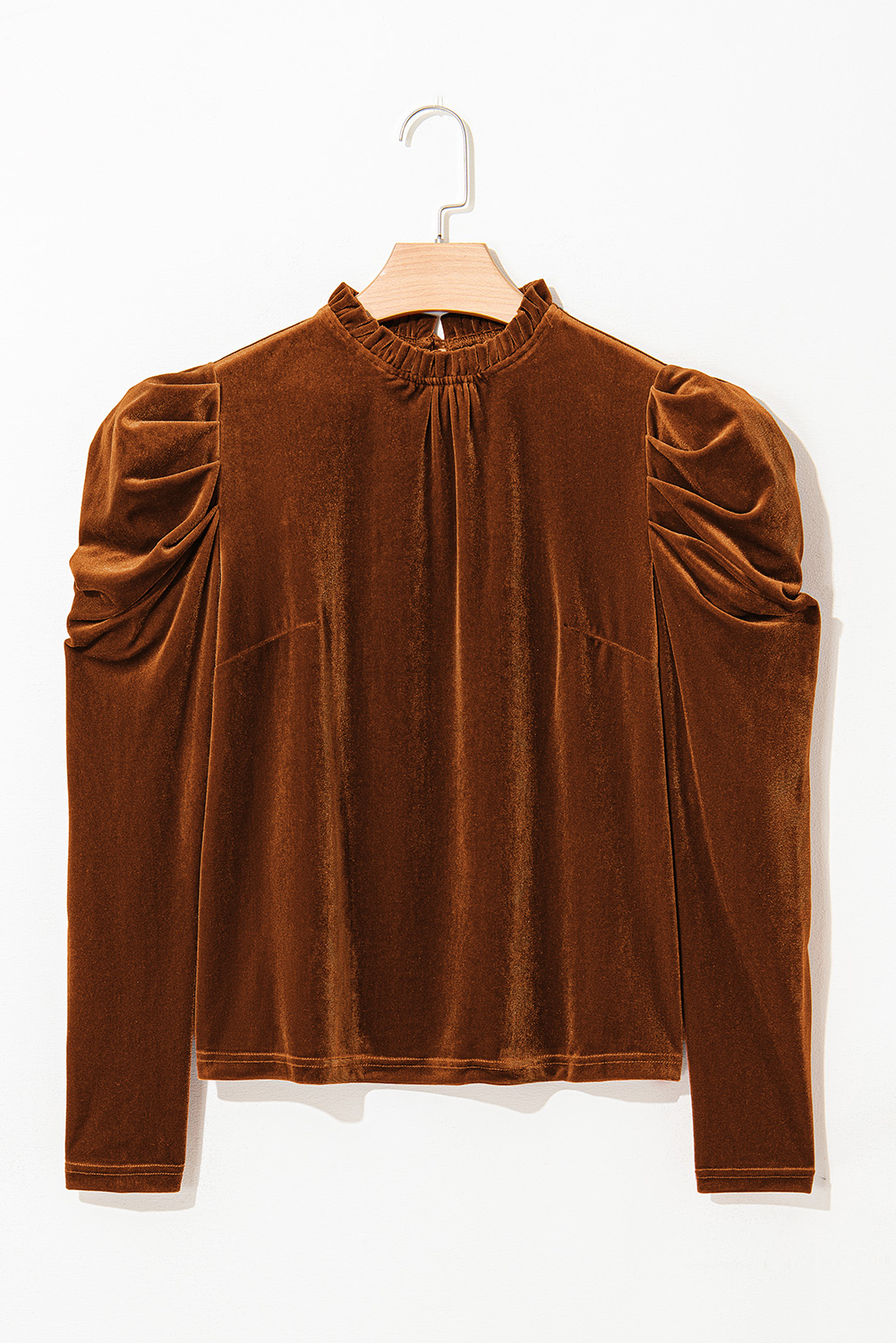 Chestnut Frilled Collar Puff Sleeve Velvet Top - loveforevers
