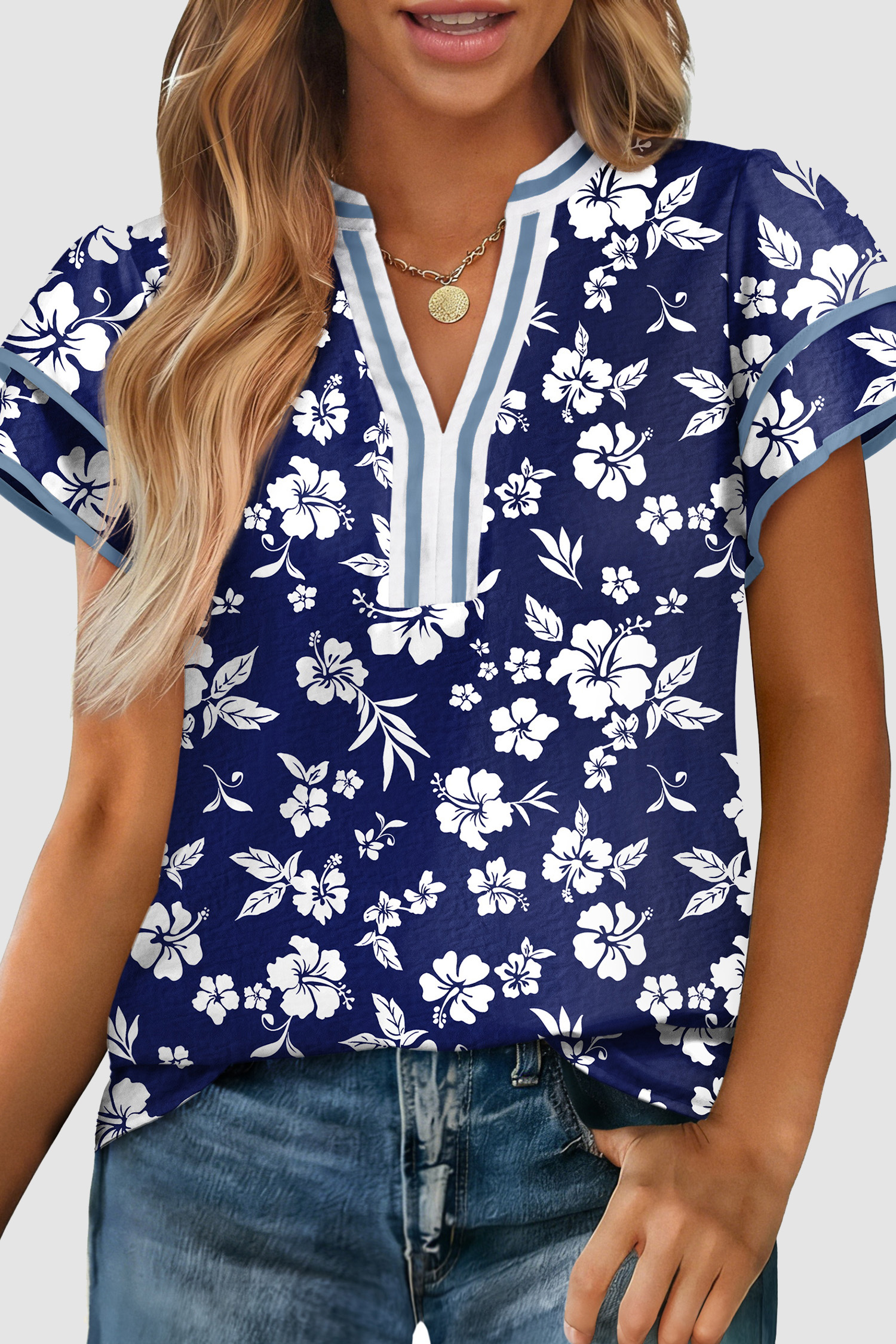 Blue Floral Print Contrast Trim Split Neck Double Ruffle Short Sleeve Blouse - loveforevers