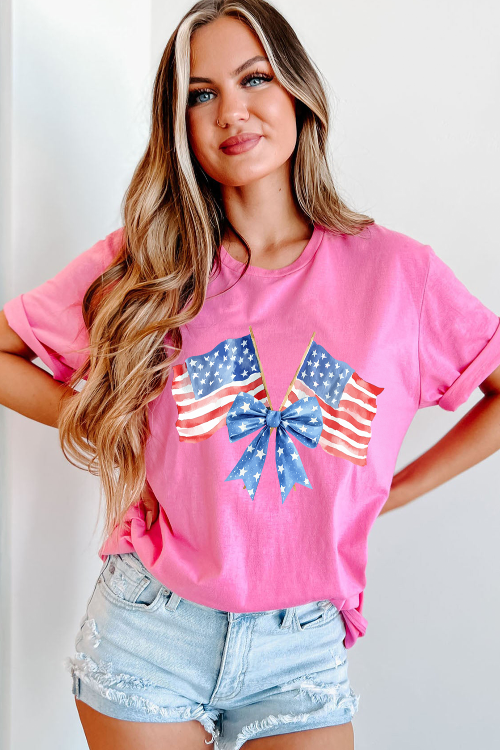 Sachet Pink Dual American Flag Bow Printed Casual T Shirt - loveforevers