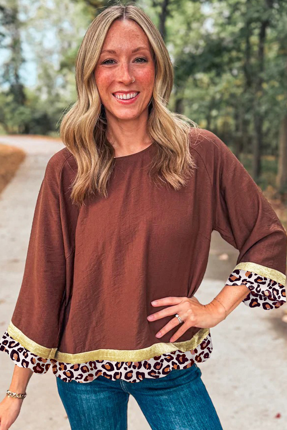 Clay Leopard Detail Loose Bracelet Sleeve Top - loveforevers