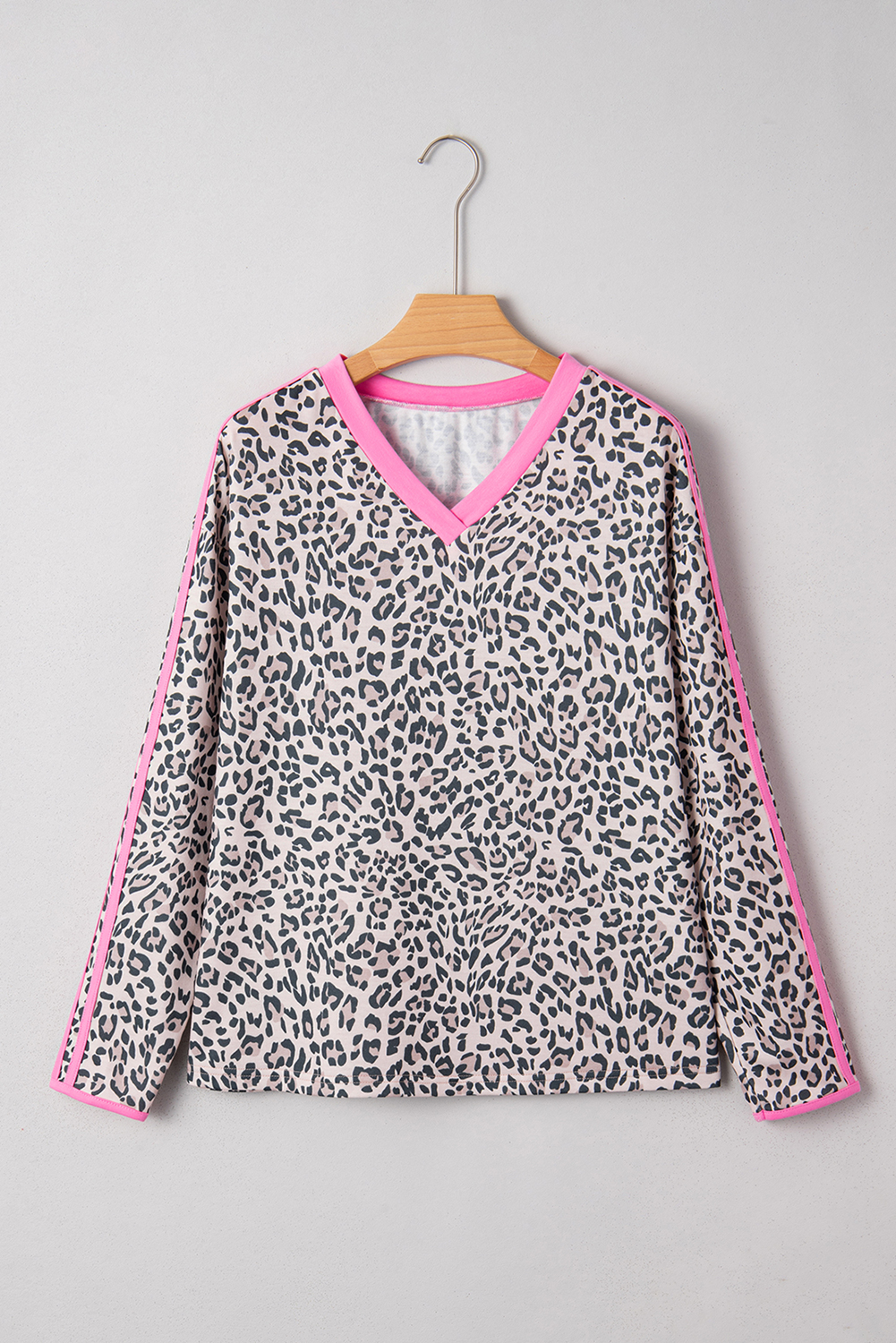 Khaki Leopard Print Contrast V Neck Varsity Stripe Detail Long Sleeve Top - loveforevers