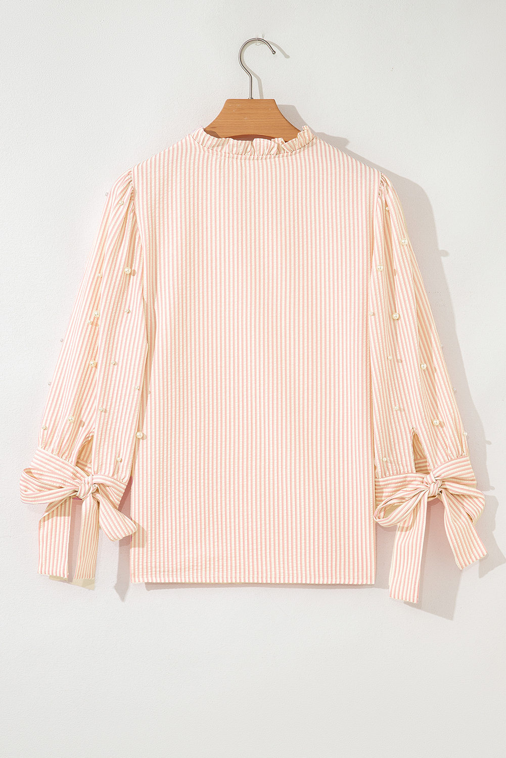 Pink Stripe Bow Knot Cuff Pearl Embellished Puff Sleeve V Neck Blouse - loveforevers