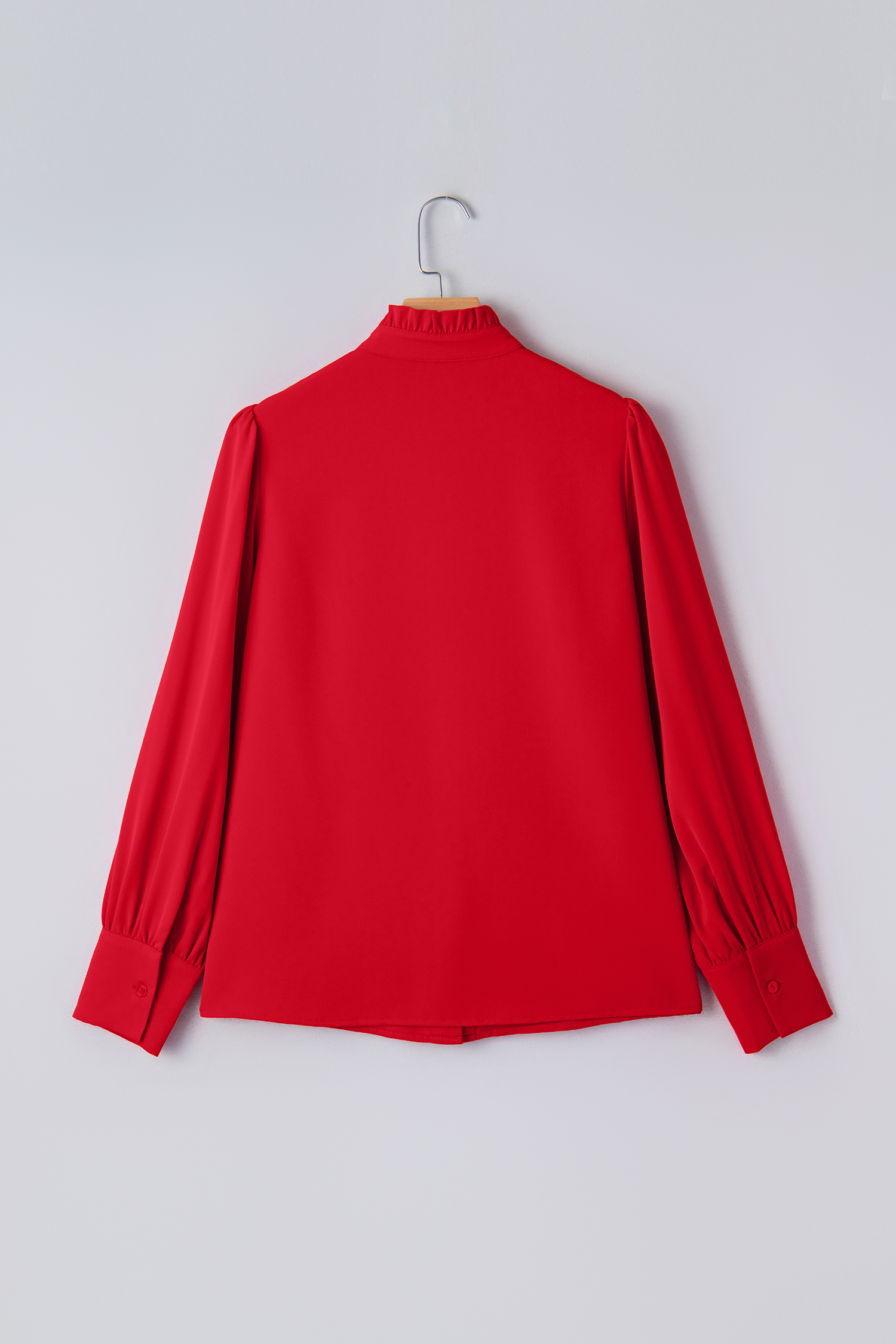 Fiery Red Frilled Trim Button Up Pleated Long Sleeve Shirt - loveforevers