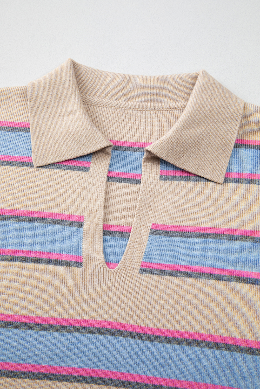 Apricot Stripe Collared V Neck Drop Shoulder Loose Sweater - loveforevers