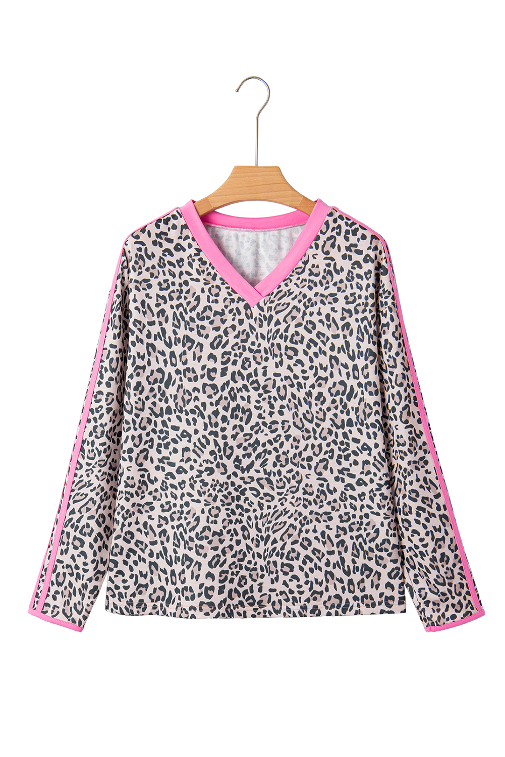 Khaki Leopard Print Contrast V Neck Varsity Stripe Detail Long Sleeve Top - loveforevers