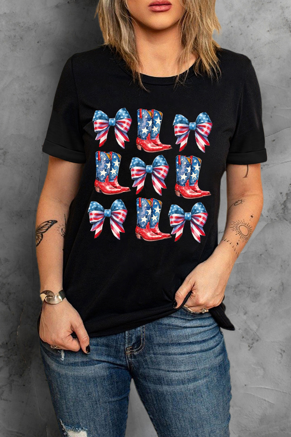 Black Stars and Stripes Bowknot Cowgirl Boots Graphic Patriotic Tee - loveforevers