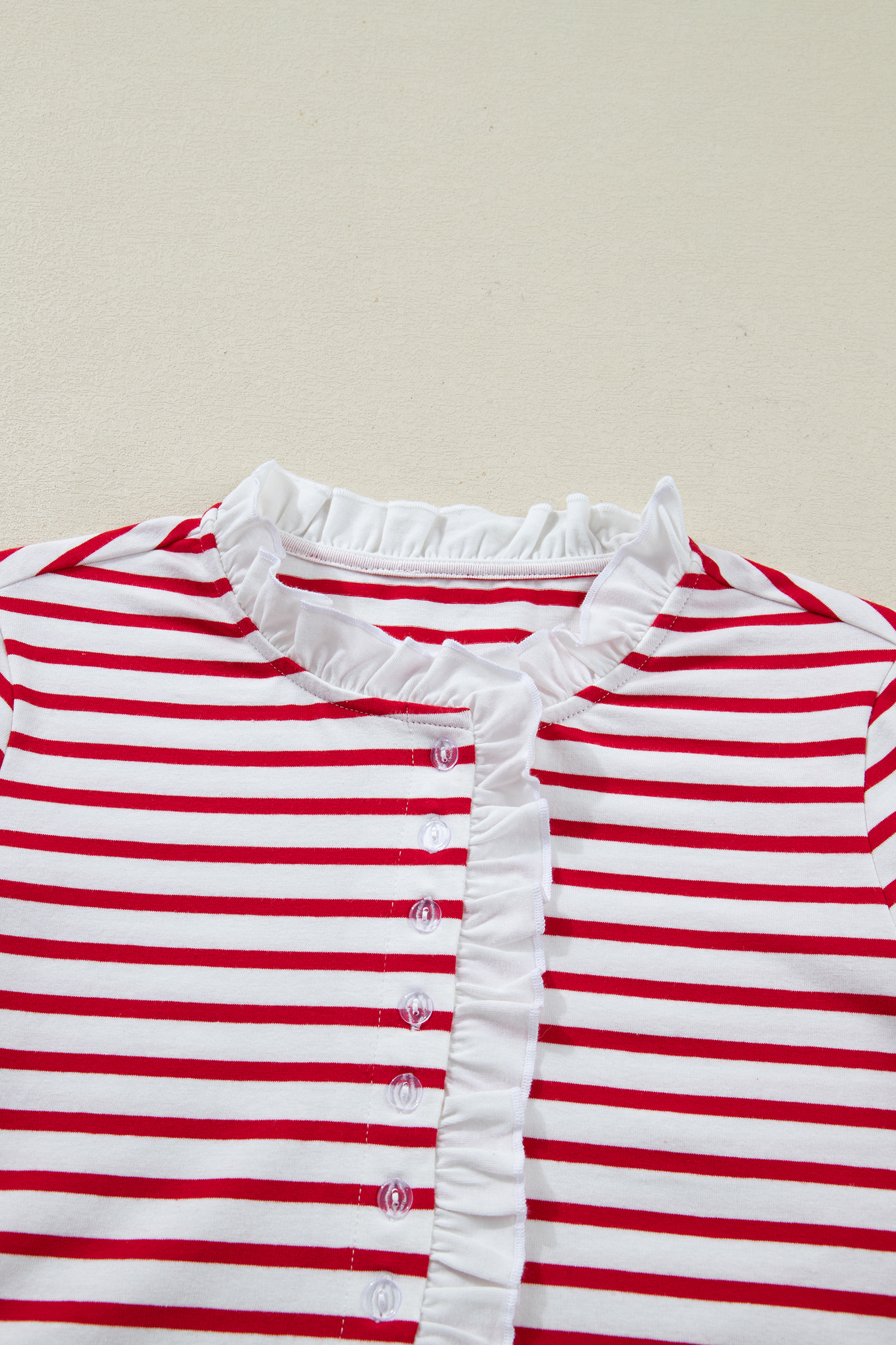 Red Stripe Contrast Frilled Trim Half Button Long Sleeve Top - loveforevers