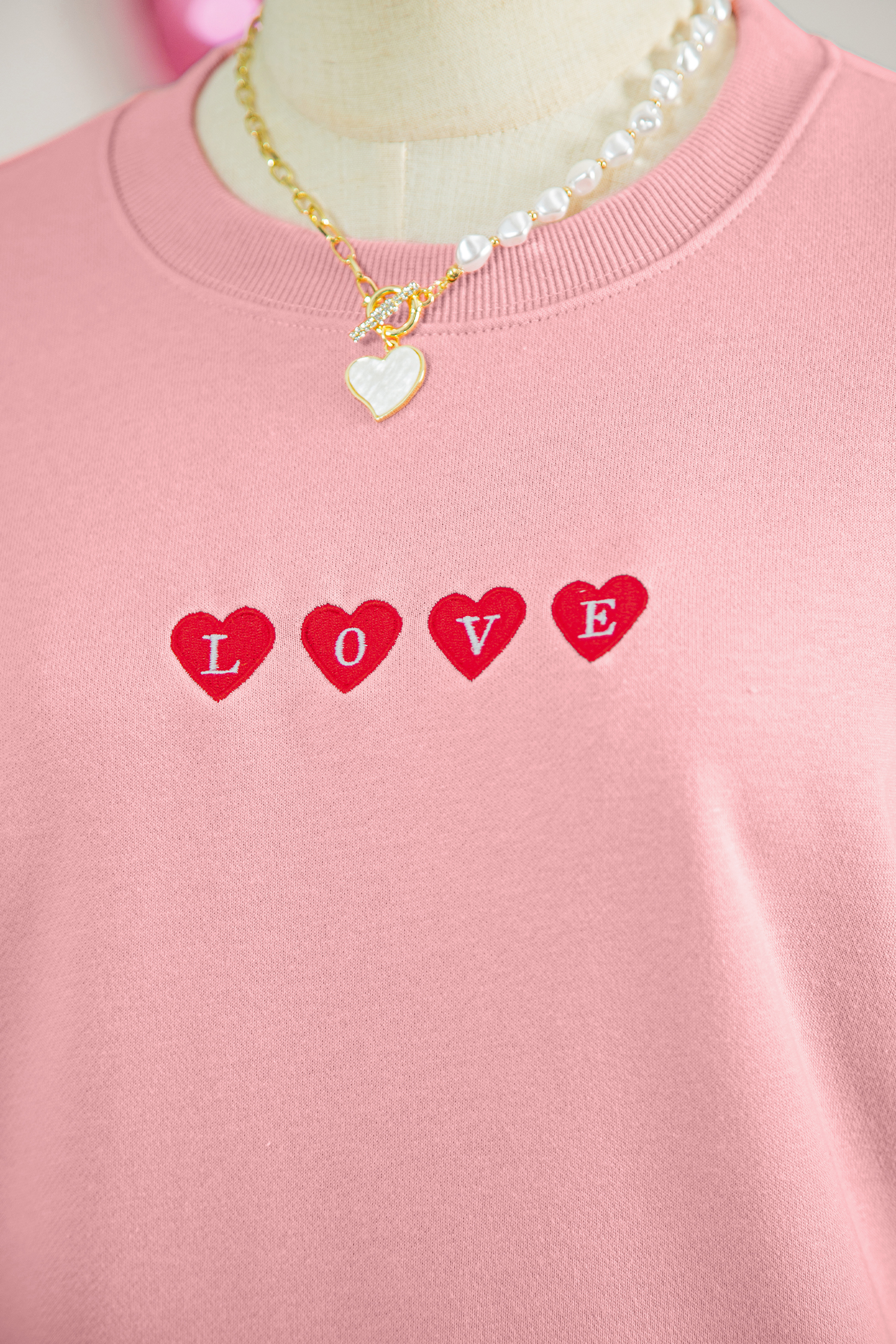 Pink LOVE In Hearts Embroidered Graphic Sweatshirt - loveforevers