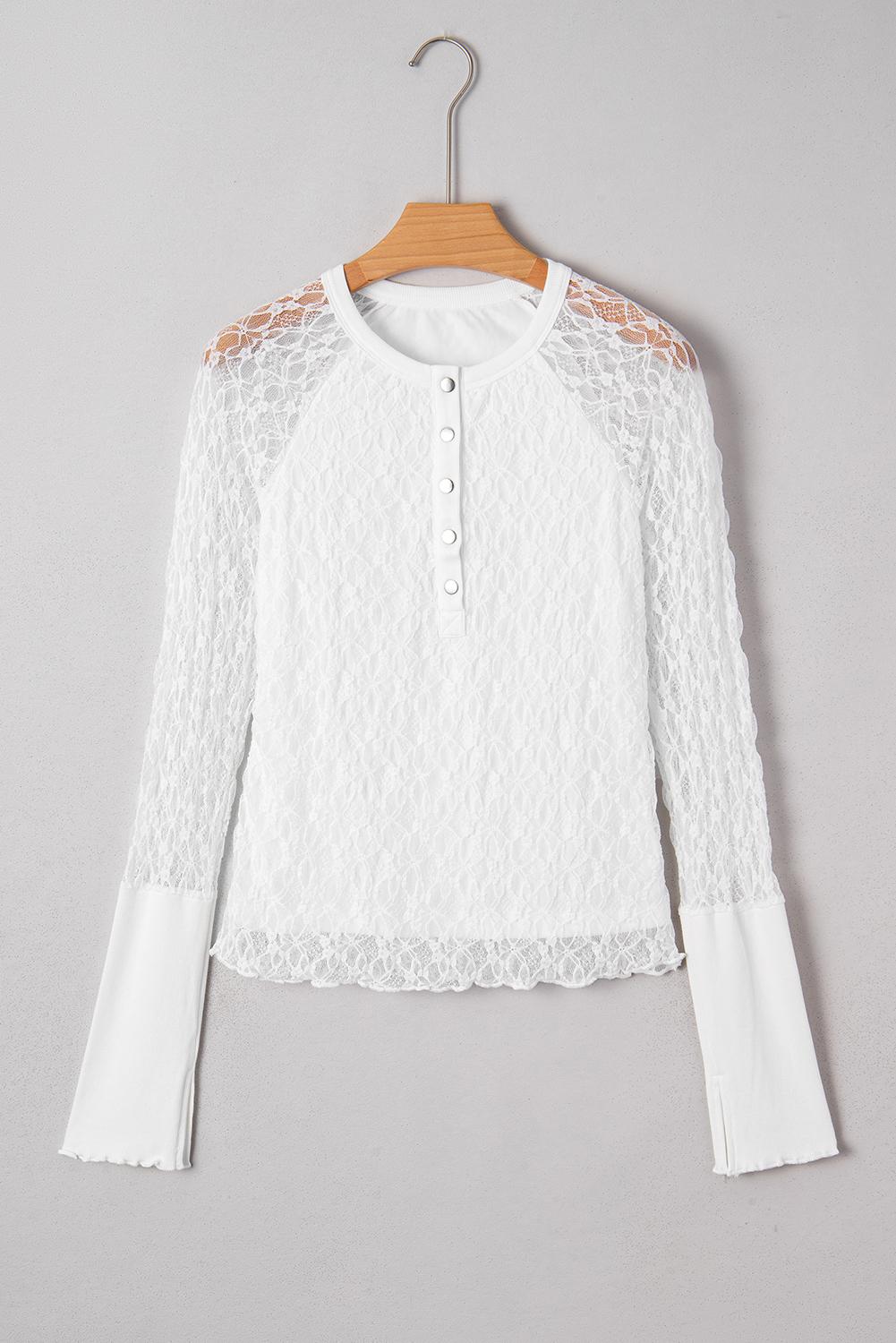 White Sheer Lace Long Sleeve Slim Henley Top - loveforevers