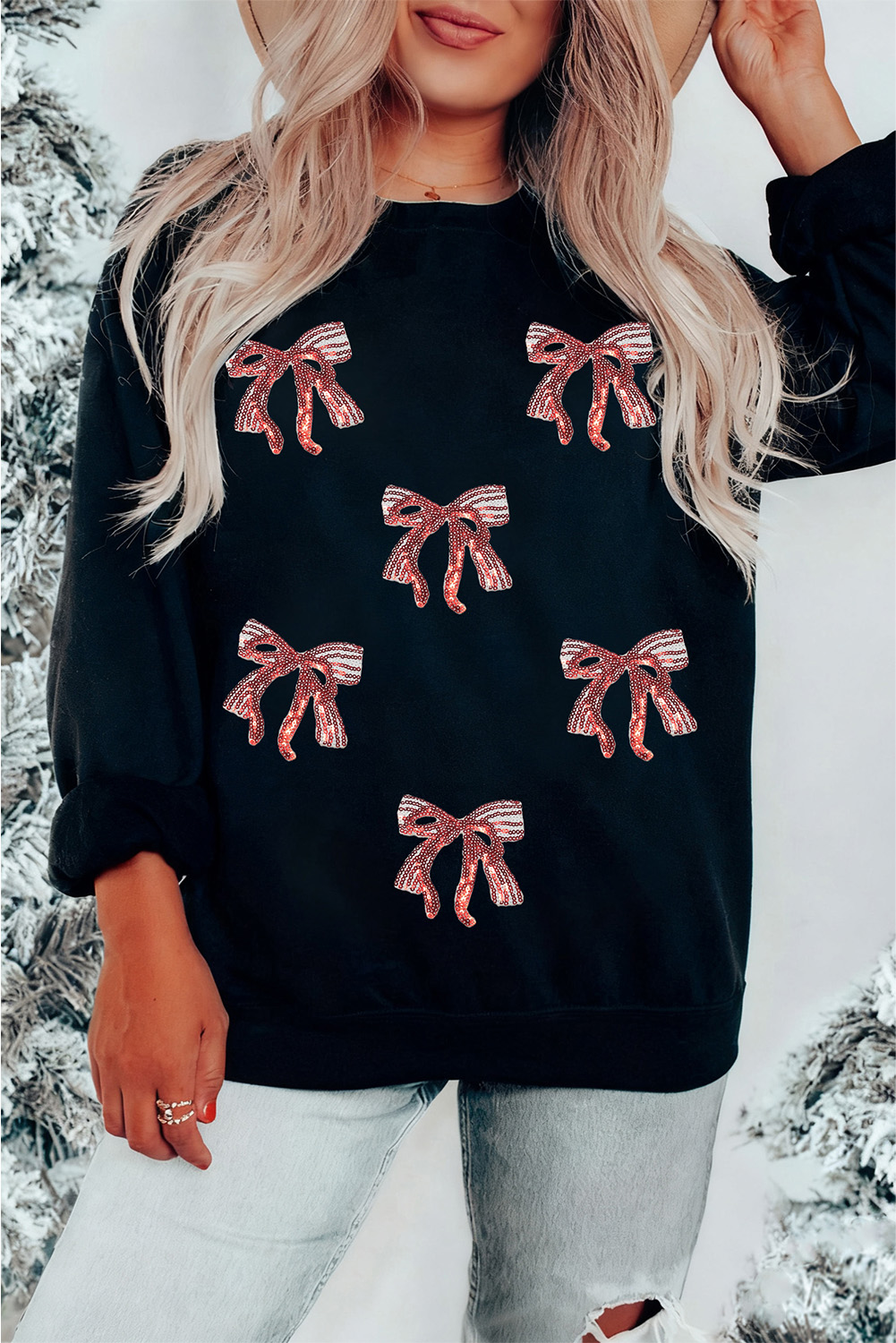 Black Christmas Fashion Sequin Ribbon Bow Patched Drop Shoulder Sweatshirt - loveforevers