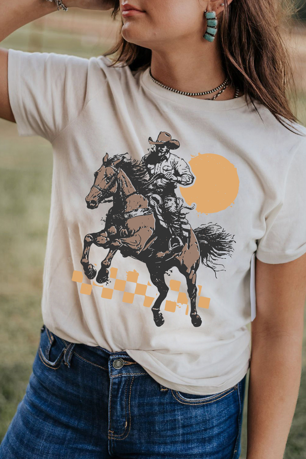 White Sunset Cowboy Print Western Fashion T Shirt - loveforevers