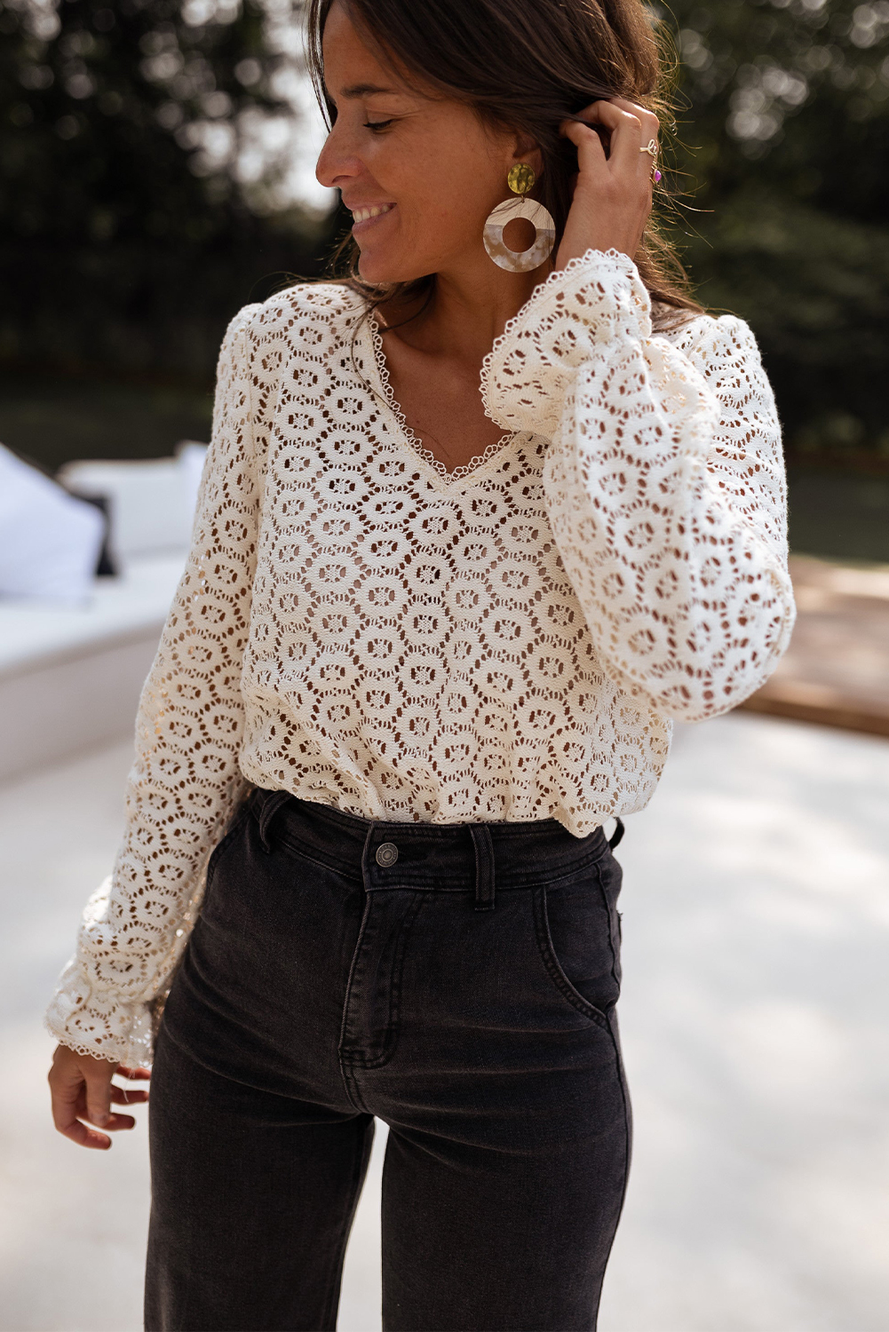 Beige Flower Lace V Neck Ruffled Sleeve Top - loveforevers