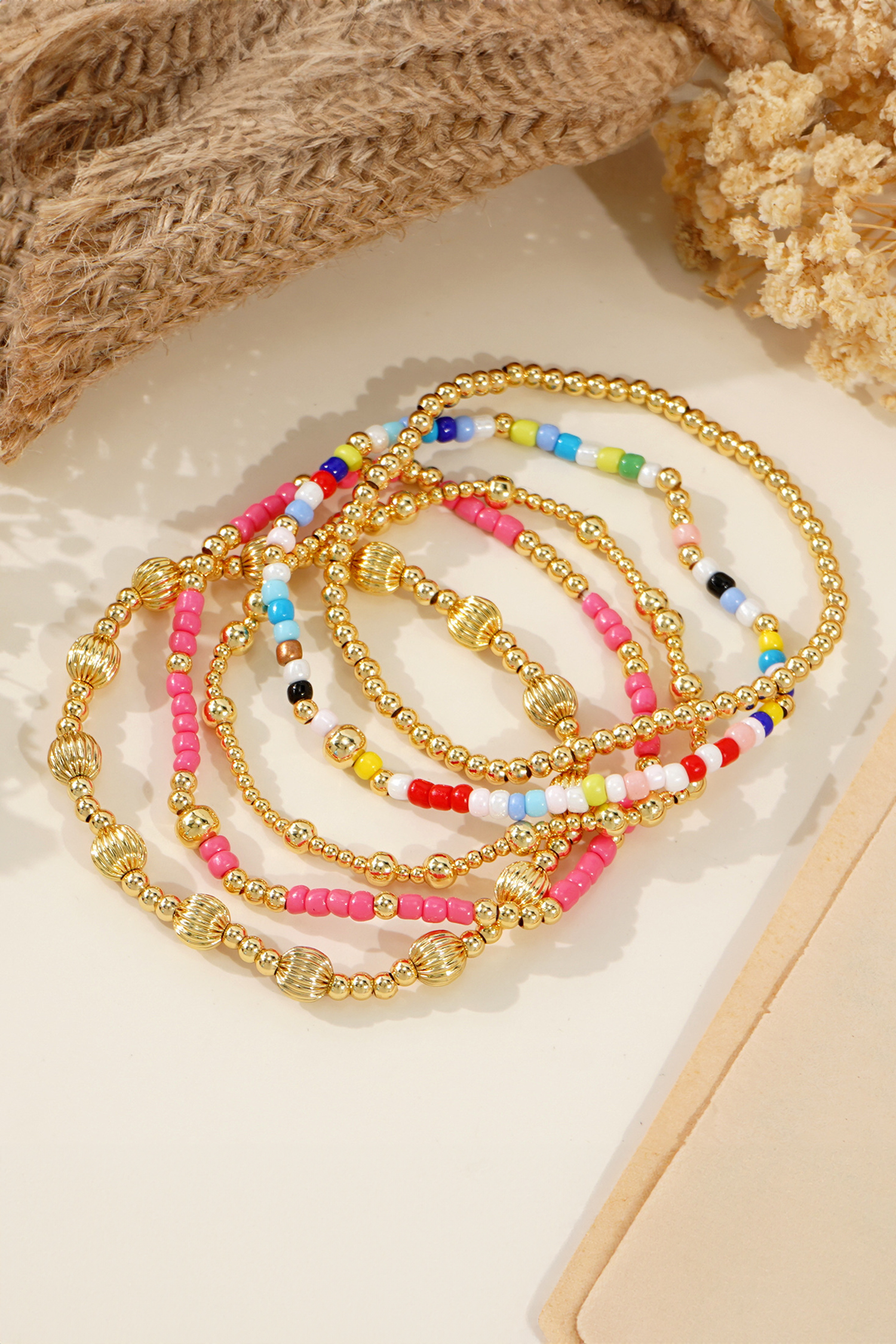 Gold 5pcs Vibrant Beading Stackable Elastic Bracelet Set - loveforevers