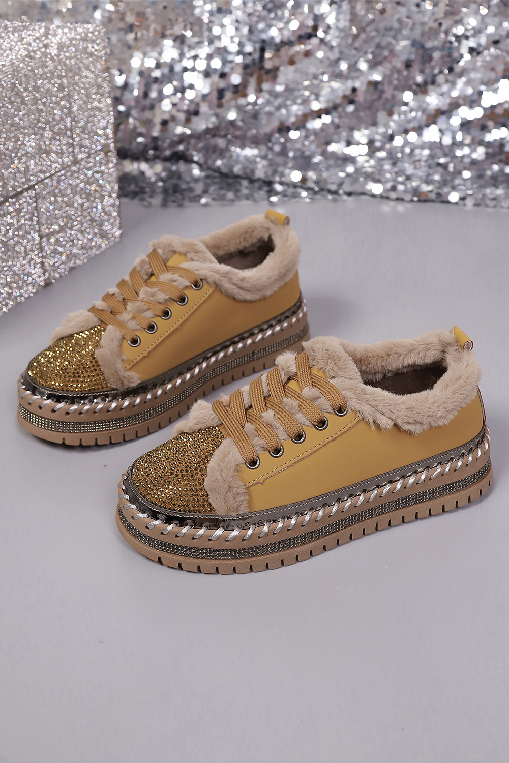 Thai Curry Rhinestone Embellished Faux Fur Lining Lace-Up Flat Shoes - loveforevers