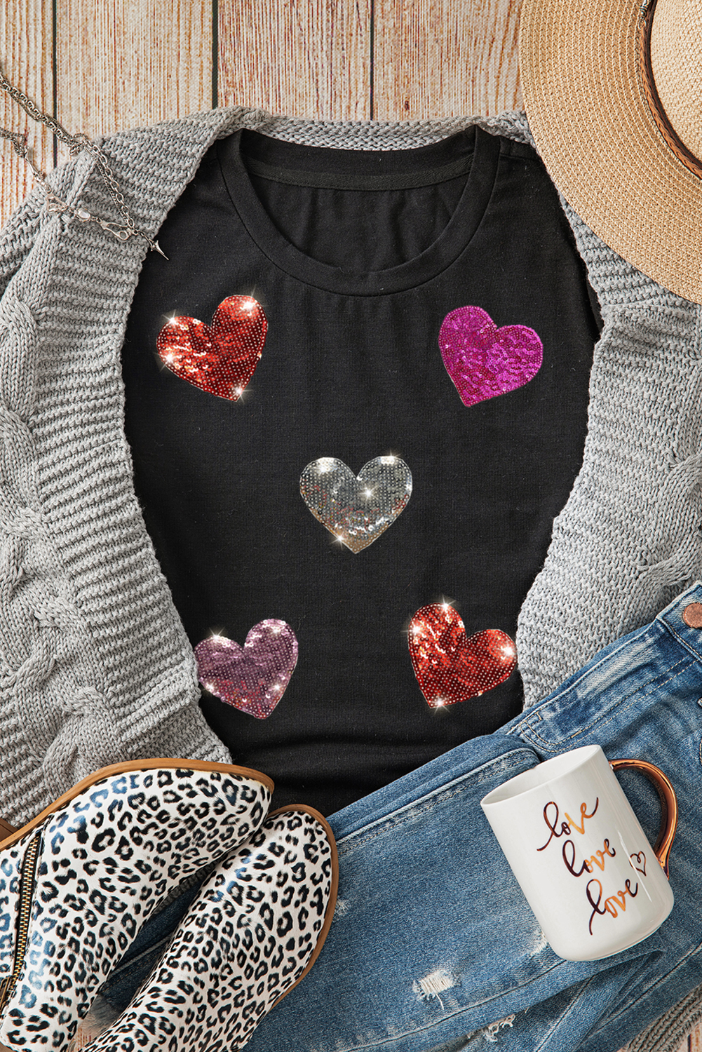 Black Sequin Heart Patched Pattern Crewneck Valentines Tee - loveforevers