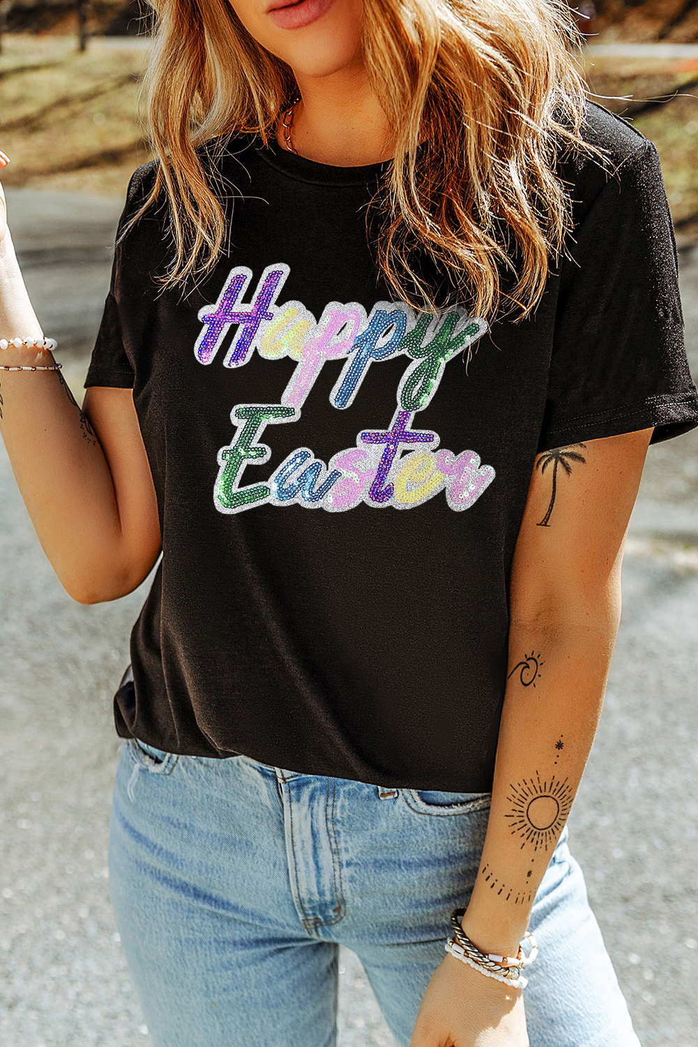 Black Sequined Happy Easter Graphic Tee - loveforevers