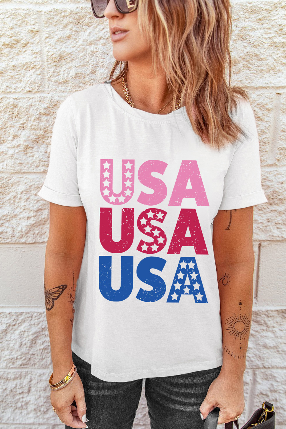 White USA Starry Letter Graphic Cotton Blend T Shirt - loveforevers