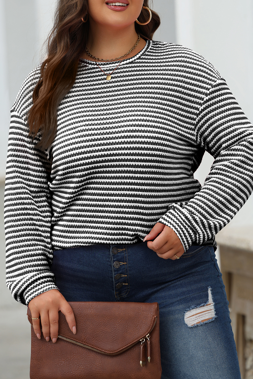 Black Stripe Round Neck Drop Shoulder Long Sleeve Top - loveforevers