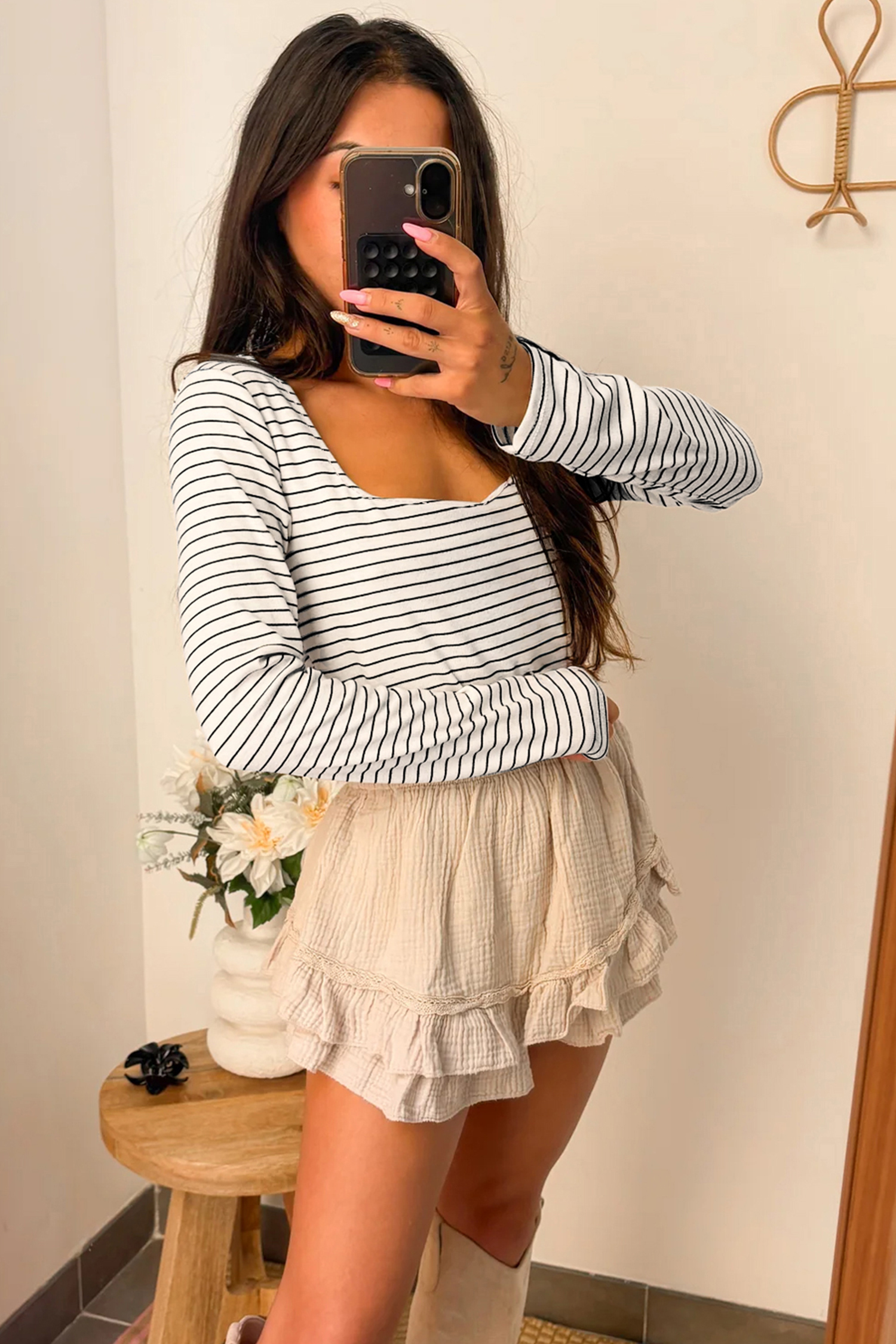 Brown Stripe Square Neck Long Sleeve Top - loveforevers