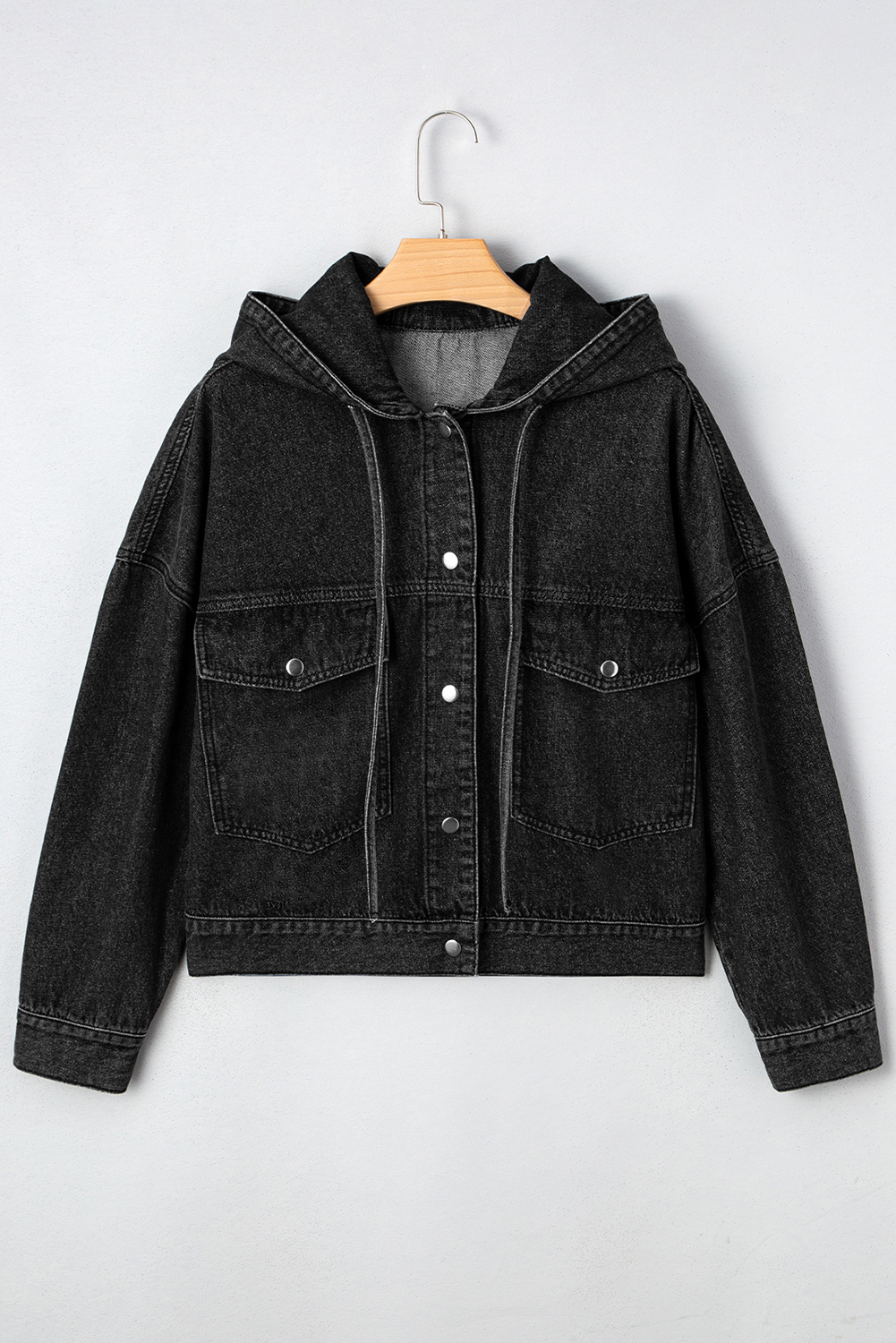 Black Big Chest Pocket Drop Shoulder Hooded Denim Jacket - loveforevers