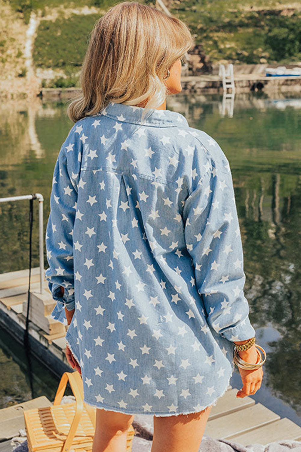 Sky Blue Star Print Light Wash Raw Hem Denim Jacket - loveforevers