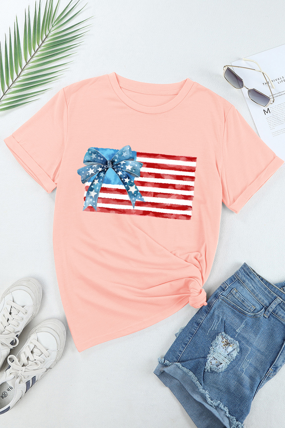 Pink Starry Bow American Flag Graphic T Shirt - loveforevers