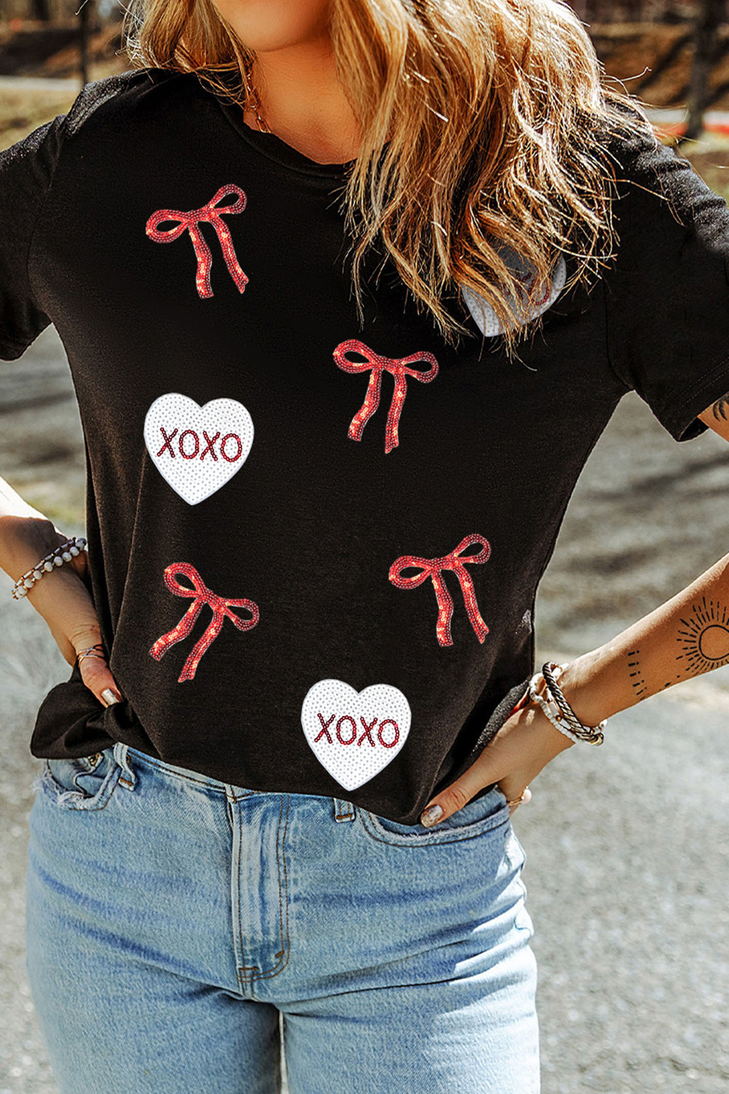 Black Valentines Bow XOXO Heart Sequin Patched Loose T Shirt - loveforevers