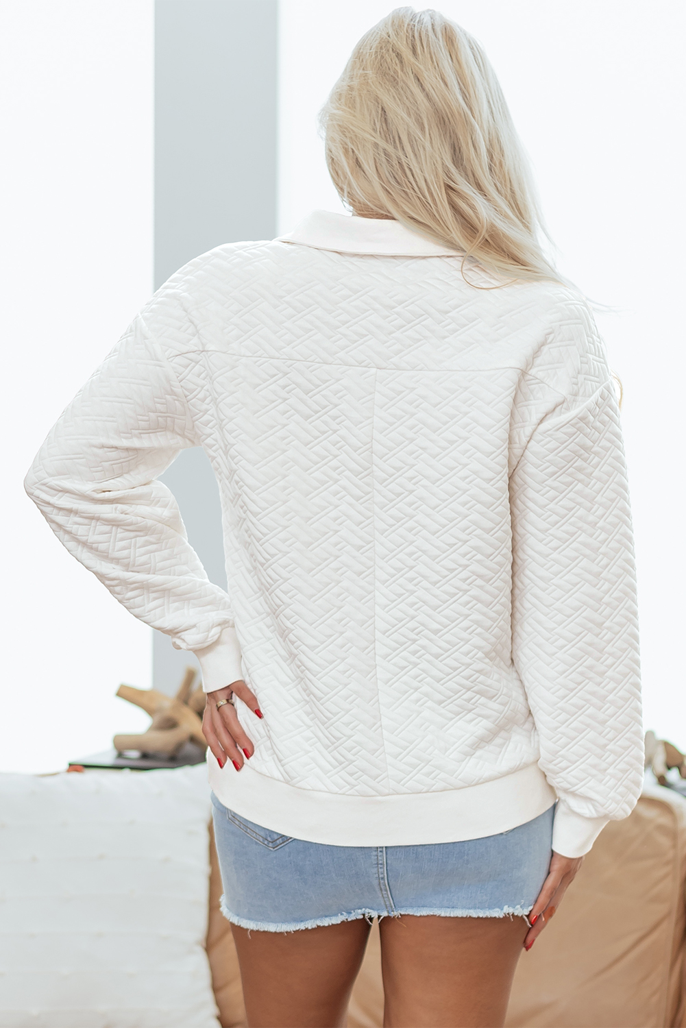 White Textured Pocketed Collared V Neck Pullover Sweatshirt - loveforevers