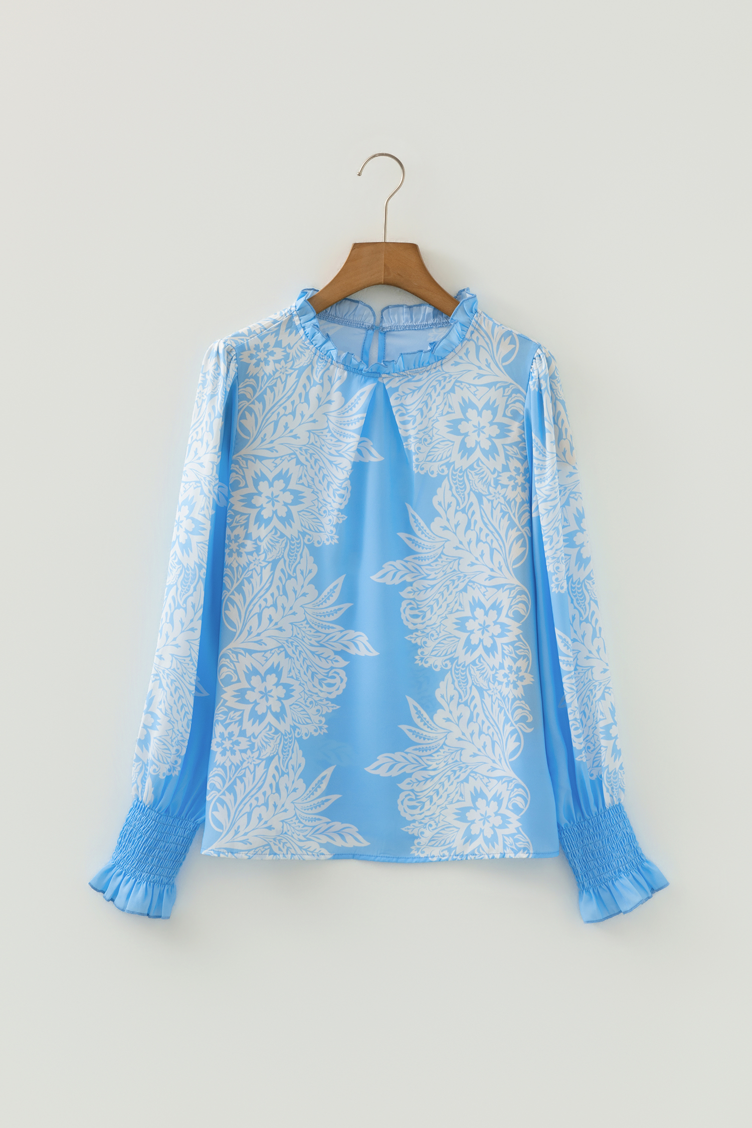 Sky Blue Ruffled Collar Puff Sleeve Flower Blouse - loveforevers