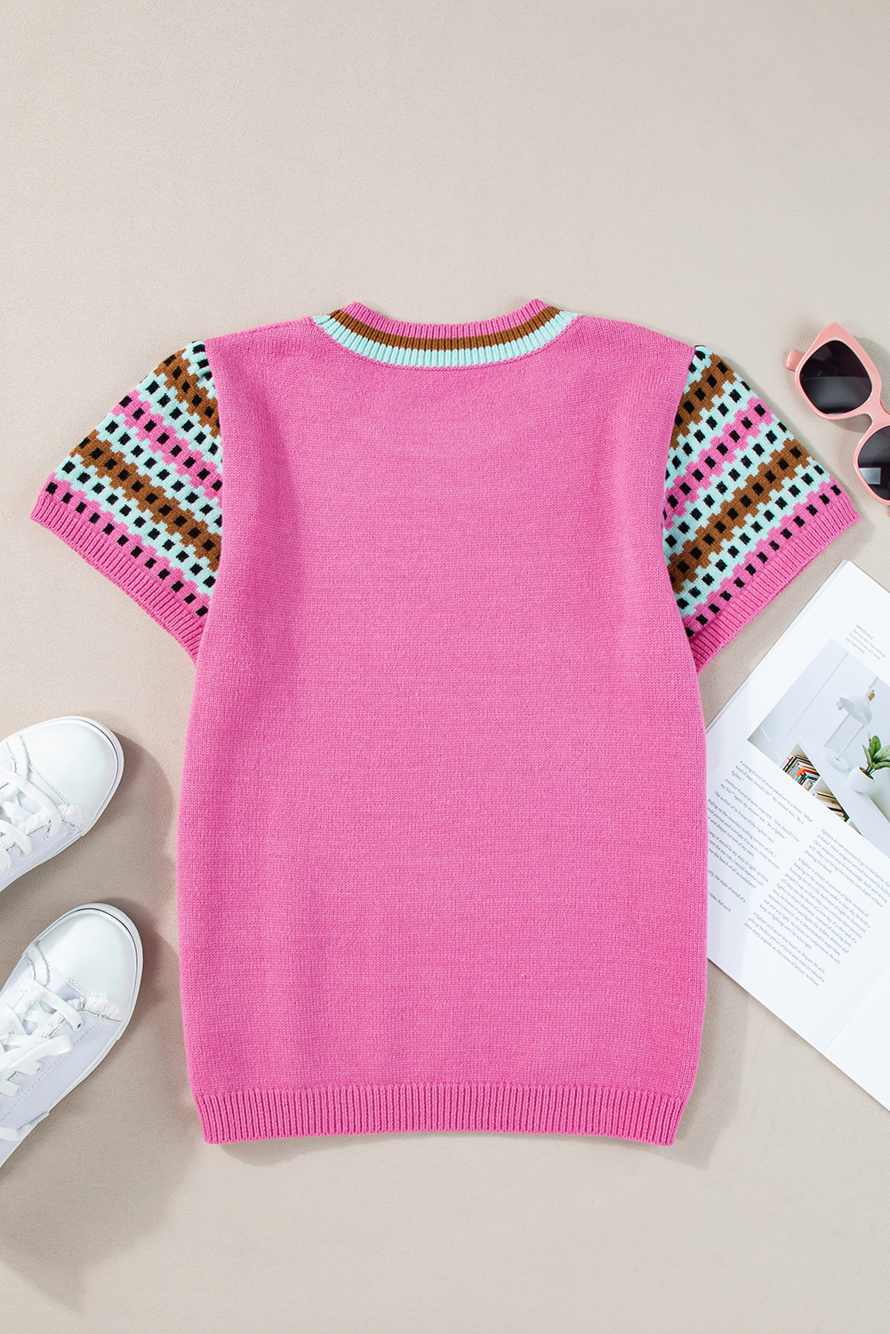 Bright Pink Contrast Printed Cap Sleeves Crewneck Sweater - loveforevers