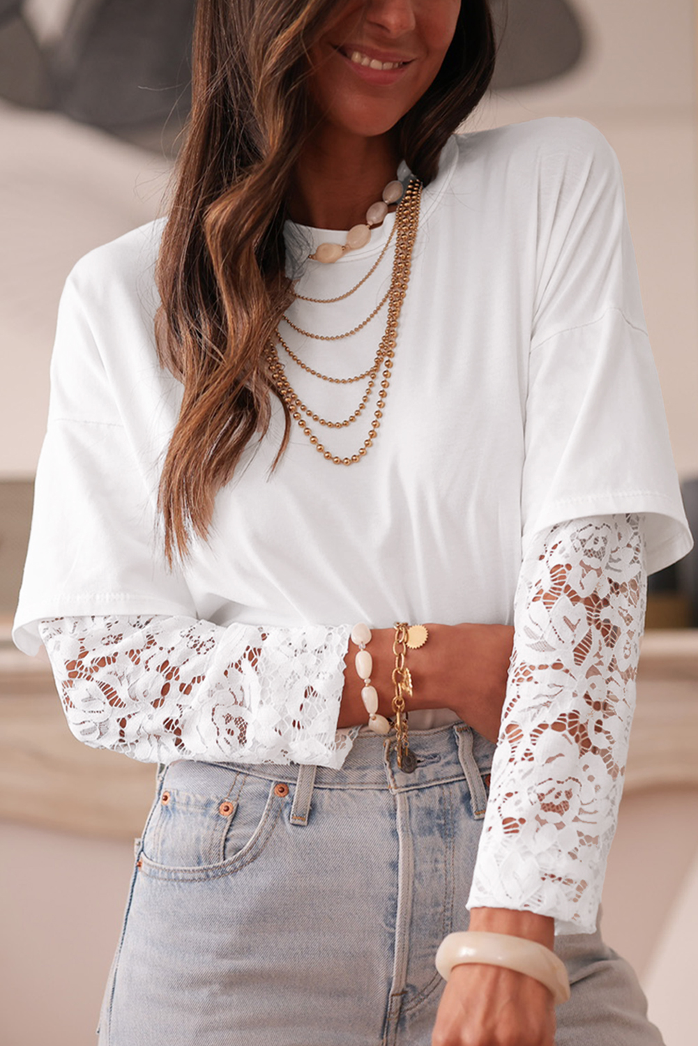 Black Lace Long Sleeve Insert Drop Shoulder Tee - loveforevers