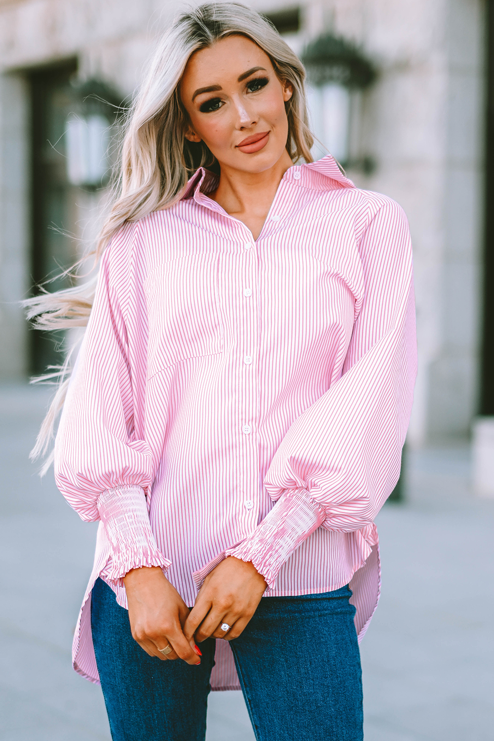 Red Stripe Smocked Cuffed Striped Boyfriend Shirt with Pocket - loveforevers