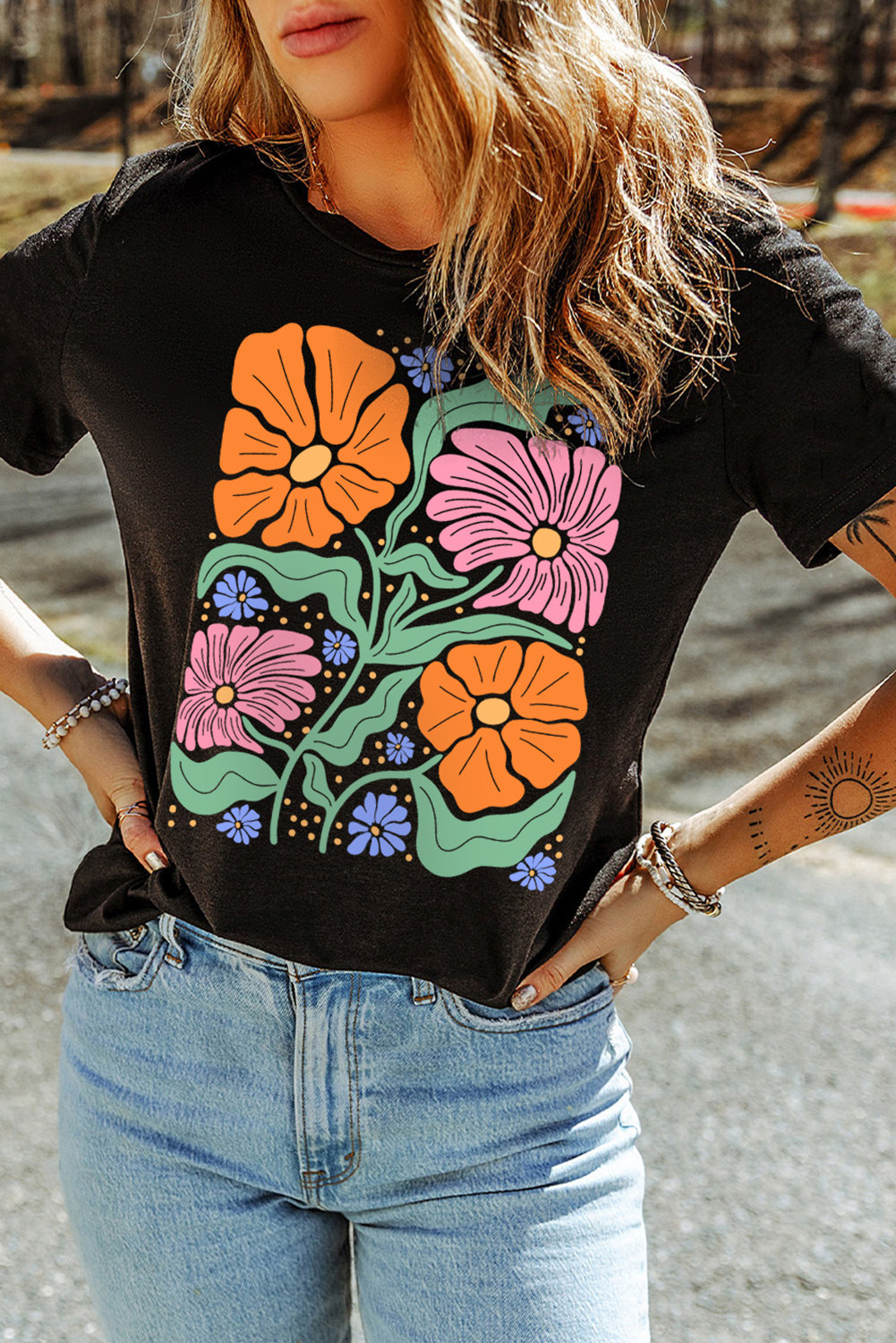 Black Colorful Flower Graphic Crewneck Summer Tee - loveforevers