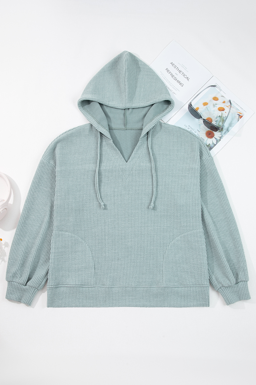 Clearly Aqua Ribbed Drop Shoulder Knit Hoodie - loveforevers