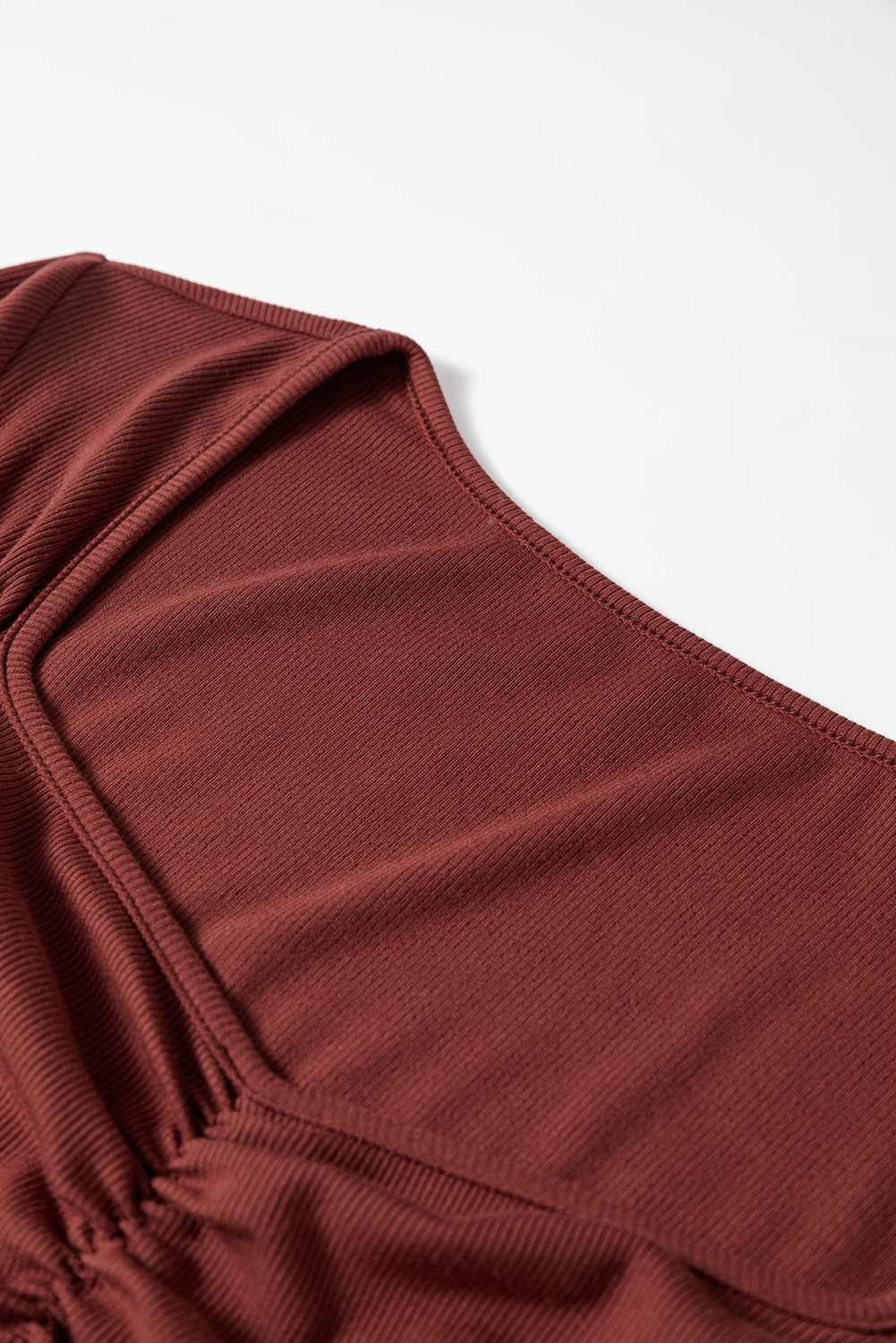 Burgundy Gathered Bust Square Neck Ribbed Fit Long Sleeve Top - loveforevers