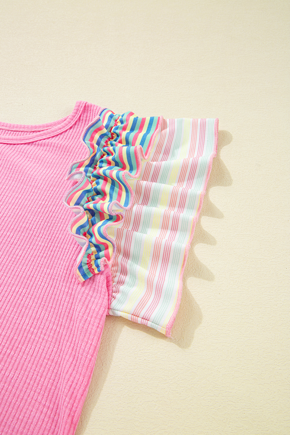 Bonbon Striped Ruffle Flutter Sleeve Ribbed Blouse - loveforevers