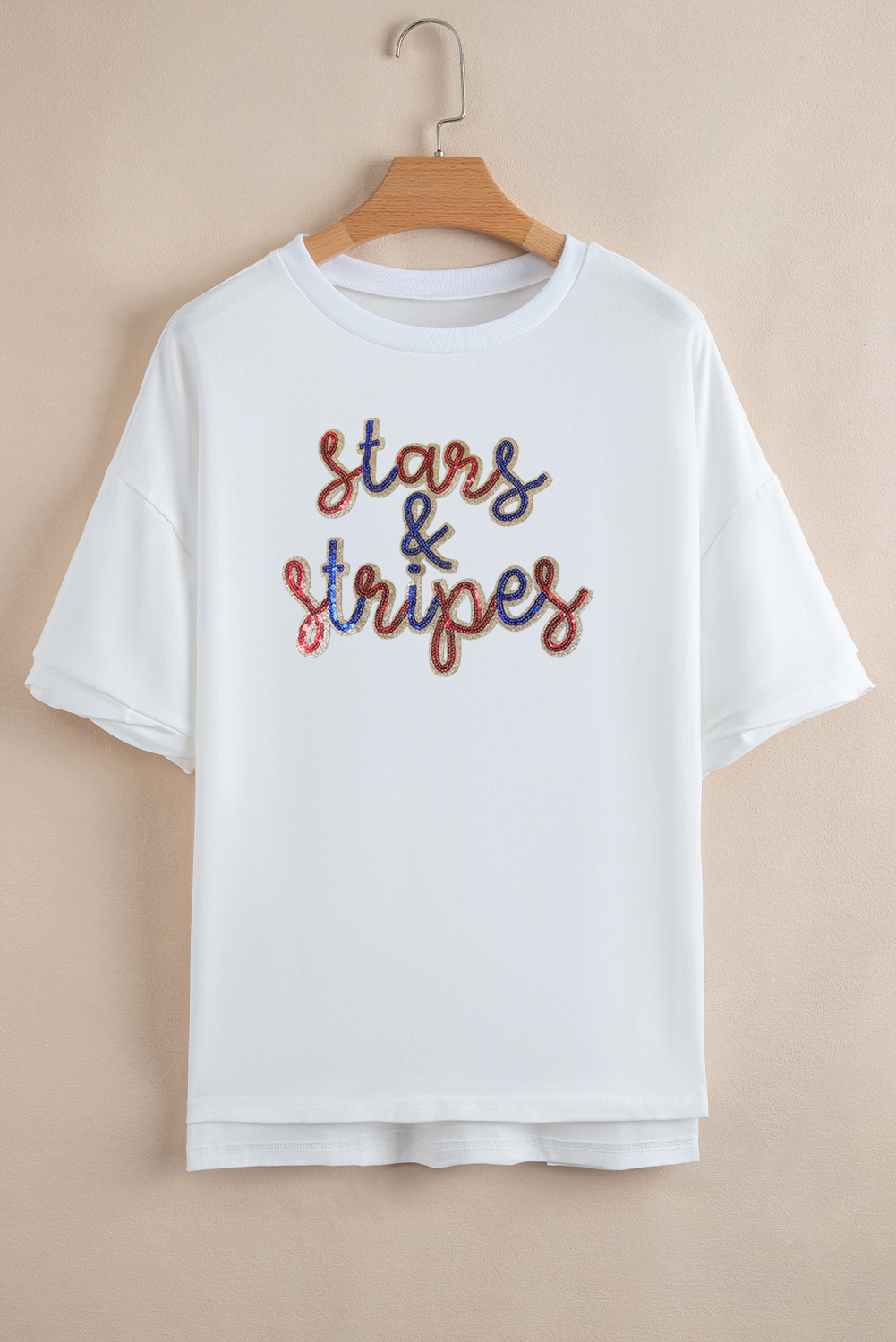 White Sequin stars & stripes Graphic Drop Shoulder Loose T Shirt - loveforevers