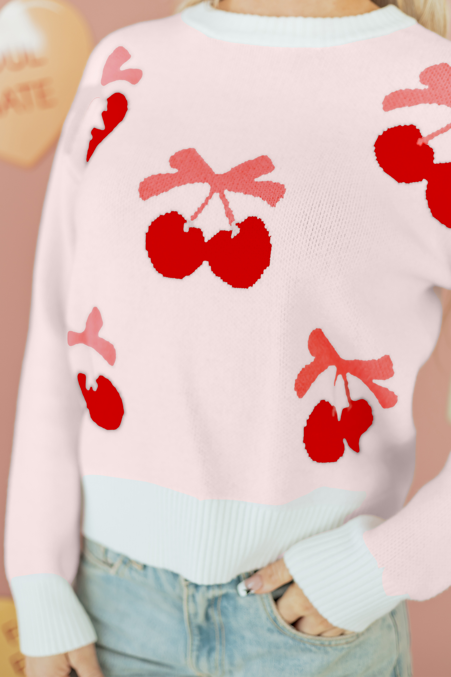 White Cherry Pattern Drop Shoulder Sweater - loveforevers