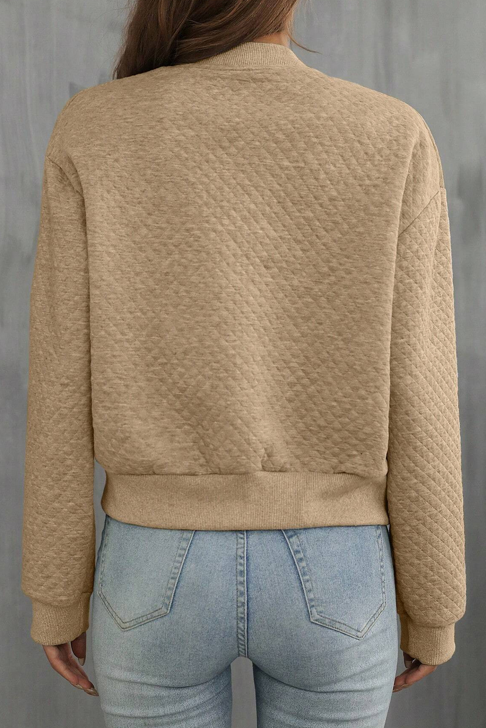 Pale Khaki Solid Geometric Textured Baseball Collar Jacket - loveforevers