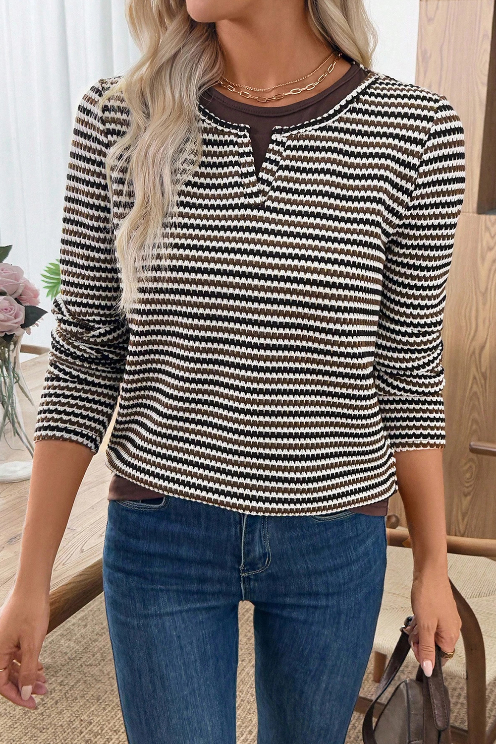 Brown Faux Two Piece Textured Striped Round Neck Long Sleeve T Shirt - loveforevers