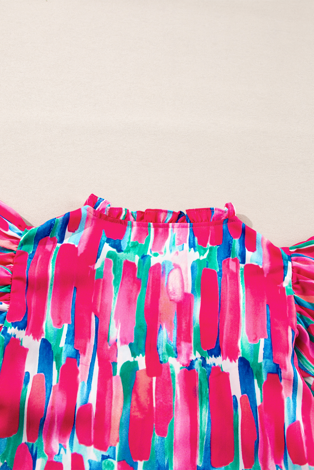 Rose Abstract Brush Print Ruffled Sleeve Frill V Neck Blouse - loveforevers