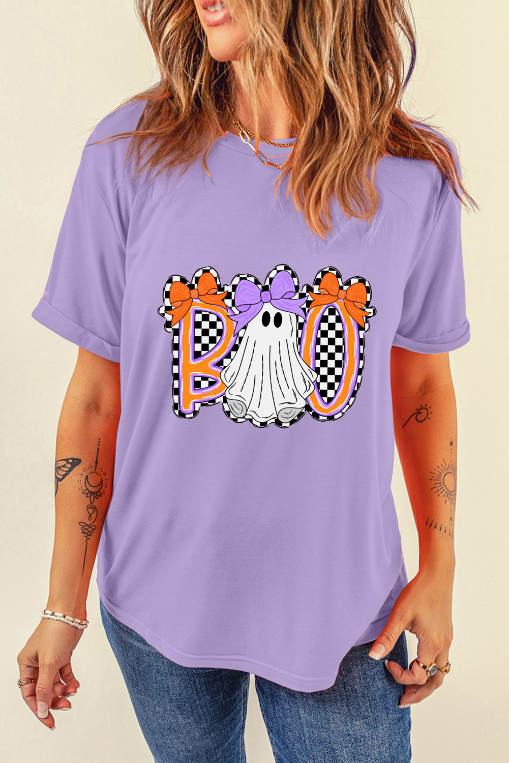 Wisteria Boo Checkered Bow Ghost Halloween Graphic Tee - loveforevers