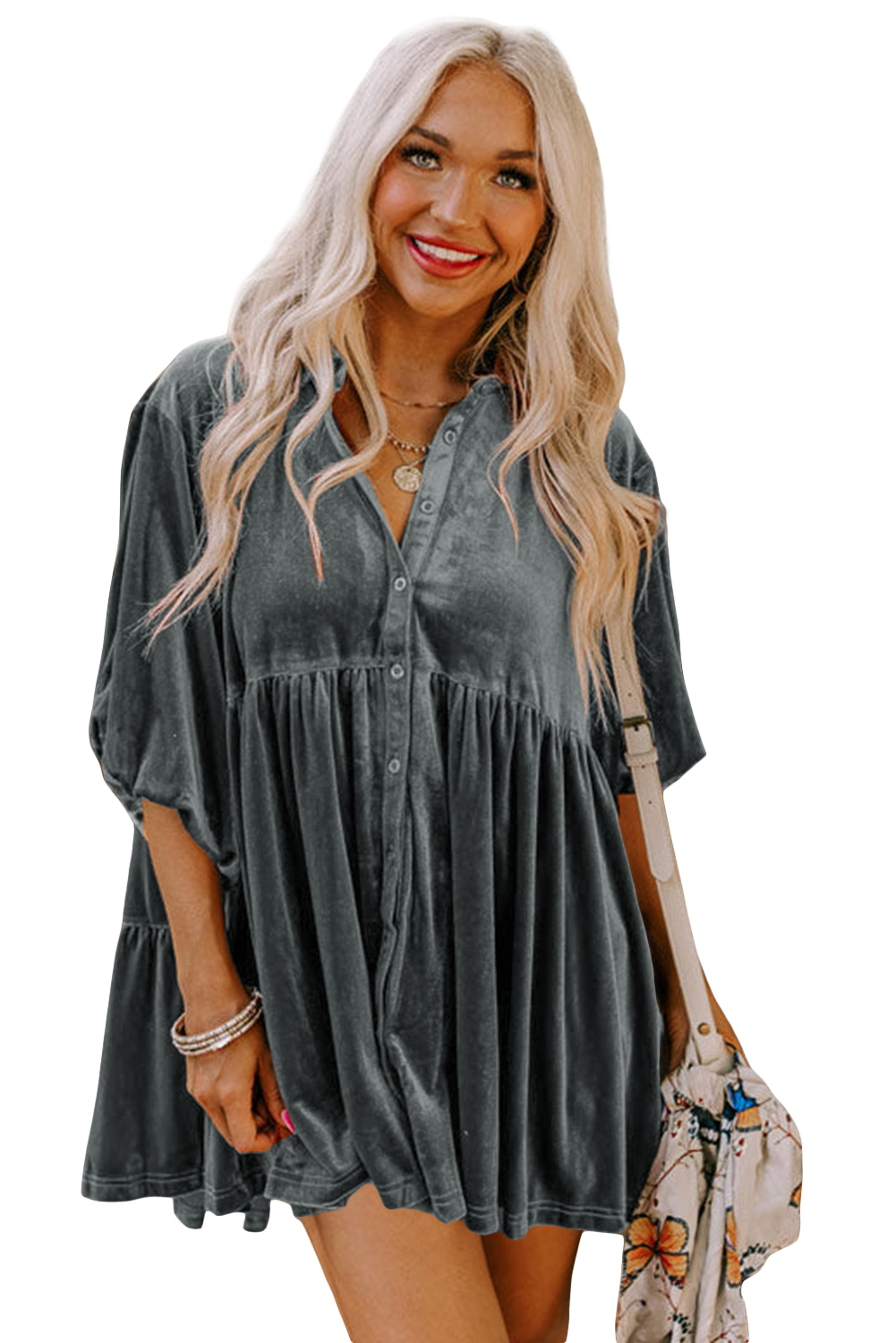 Burgundy 3/4 Sleeve Tunic Babydoll Velvet Shirt - loveforevers