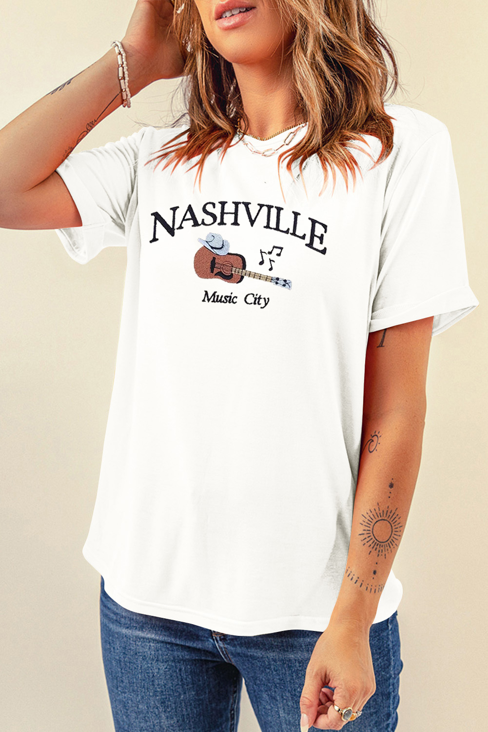 White Guitar NASHVILLE Music City Print Crewneck Tee - loveforevers