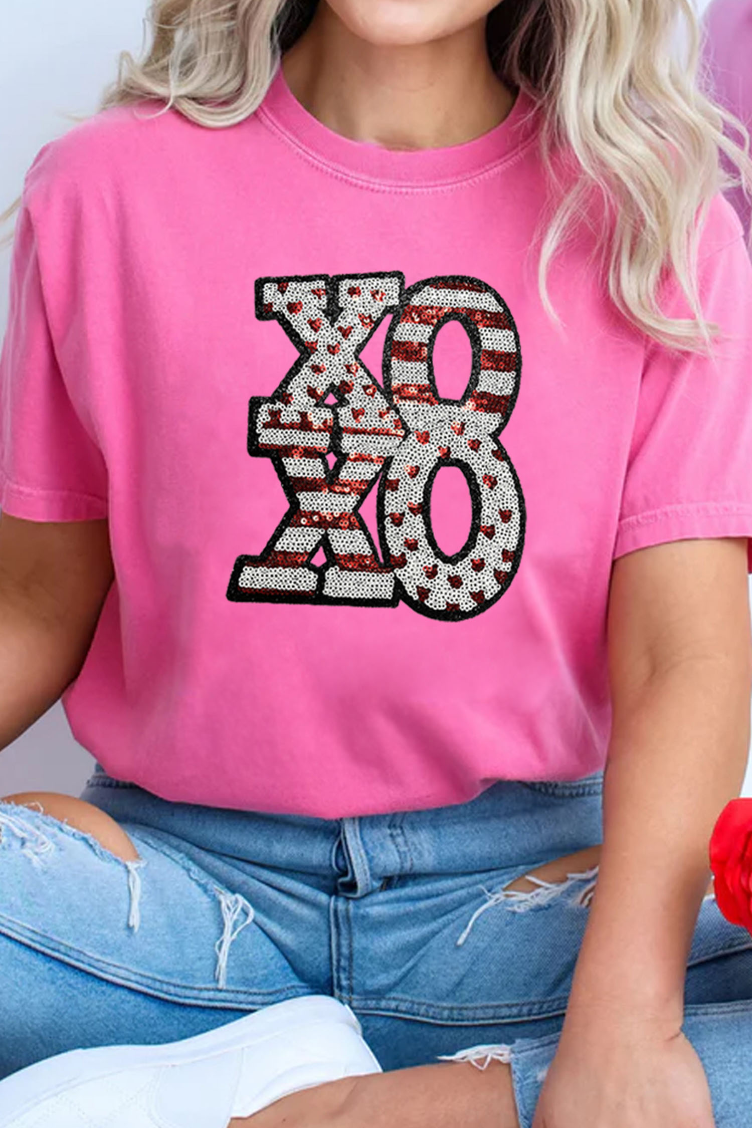 Sachet Pink Sequined XOXO Graphic Valentine T Shirt - loveforevers