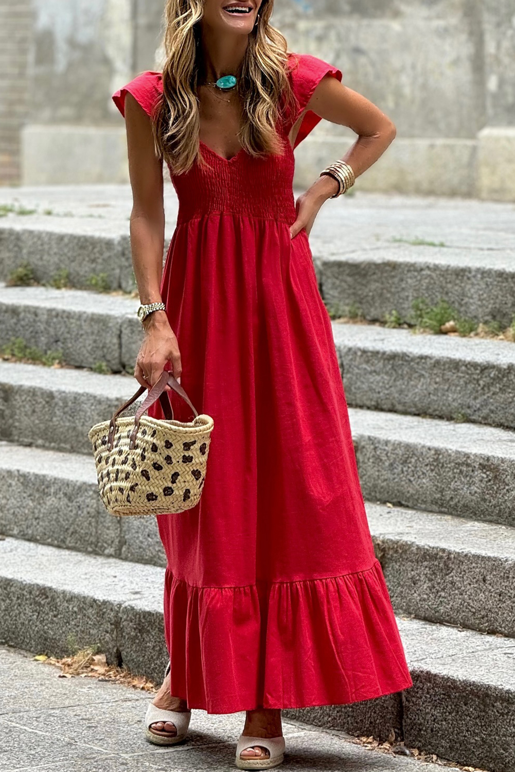 Black V Neck Flutter Sleeve Smocked Bodice High Waist Ruffle Maxi Dress - loveforevers
