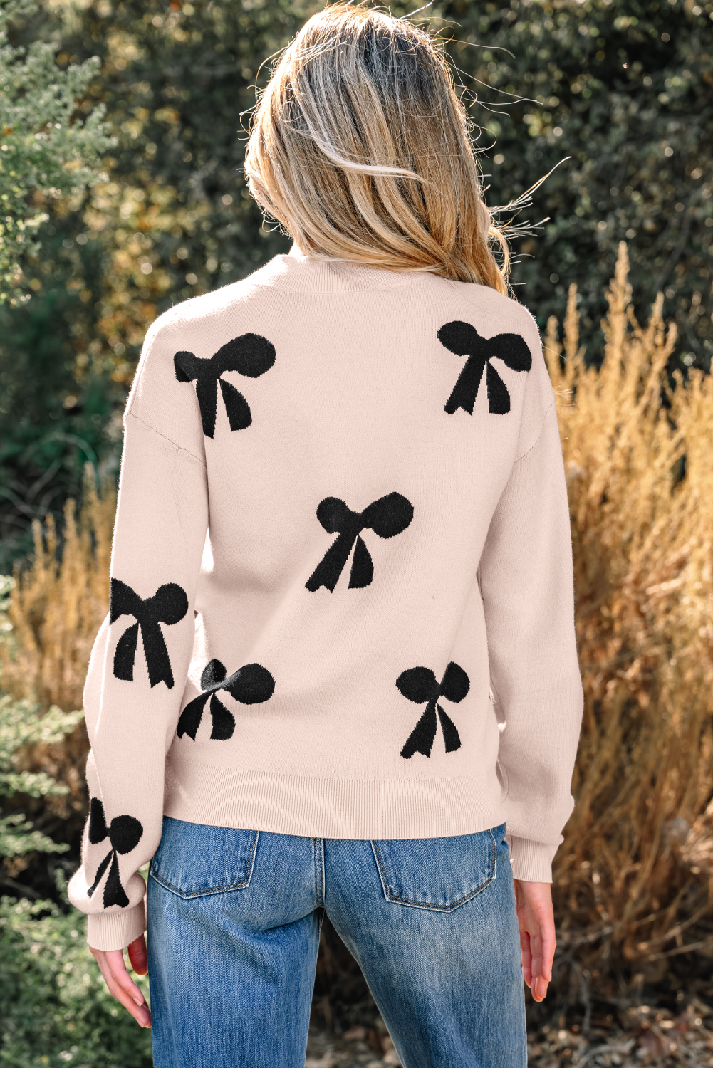 Bright Pink Pearl Embellished Bow Pattern Loose Sweater - loveforevers